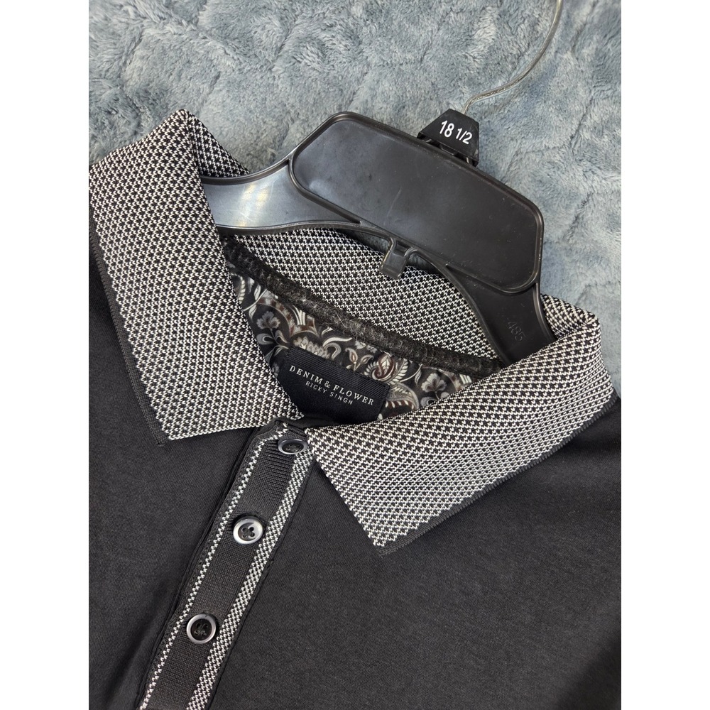 Denim & Flower Ricky Singh Mens XL Black Polo Shirt Contrast Trim Chest Pocket